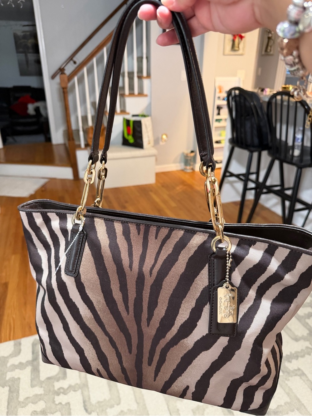 Coach Zebra-Print Tote in Brown and Black with Gold Hardware